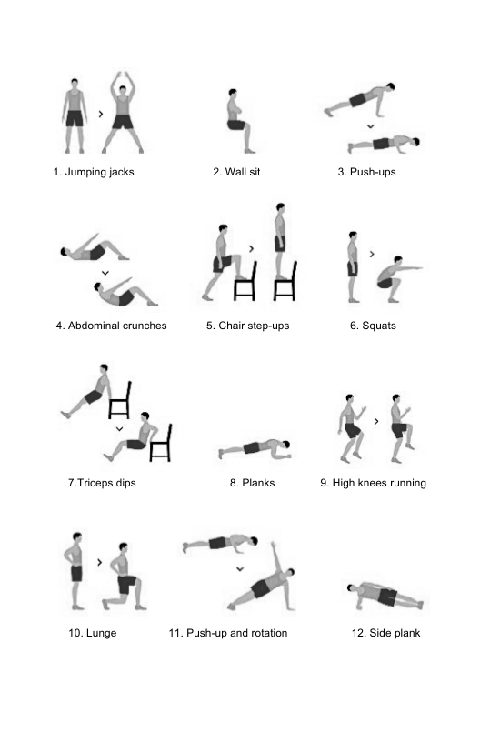\ T  e  1. Jumping jacks 2. Wallsit 3.Push-ups  P — o sauss R spams . ghkncos ning  e  g S  10. Lunge 11. Push-up and rotation 12. Side plank 